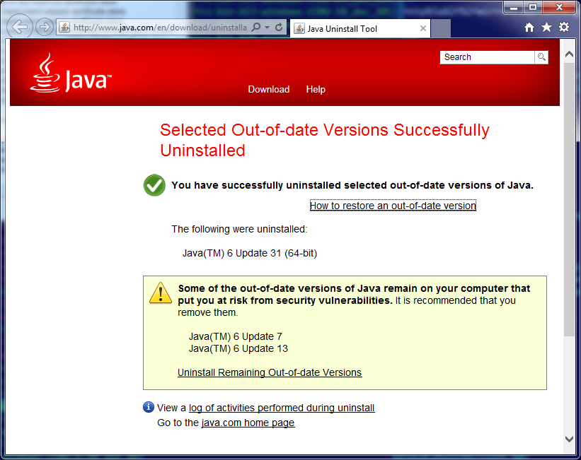 Java uninstall tool download windows 7